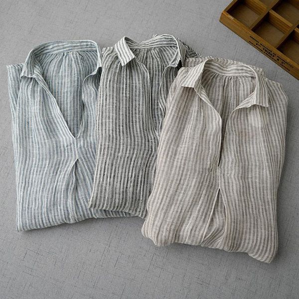 women's blouses & shirts summer literature and art fresh striped shirt linen deep v-neck loose 3 / 4 sleeve medium length 0627-3, White
women's blouses & shirts summer literature and art fresh striped shirt linen deep v-neck loose 3 / 4 sleeve medium length 0627-3, White