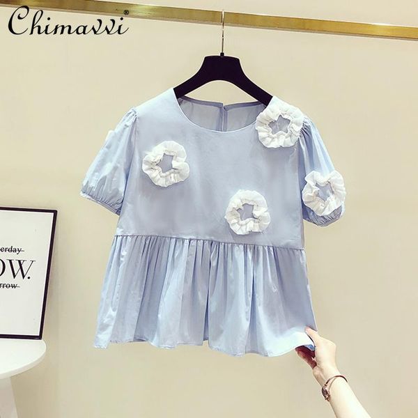 women's blouses & shirts sweet white casual shirt summer high waist street wear blouse female outdoor round neck loose top