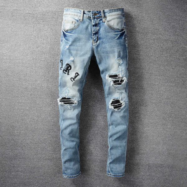 men's jeans american street style fashion retro light blue patches designer elastic slim ripped hip hop denim punk pants vshi
men's jeans american street style fashion retro light blue patches designer elastic slim ripped hip hop denim punk pants vshi