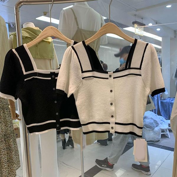 women's knits & tees color block striped short sleeve knitting shirt 2021 spring summer square collar slim thin sweater women bottoming, White
women's knits & tees color block striped short sleeve knitting shirt 2021 spring summer square collar slim thin sweater women bottoming, White