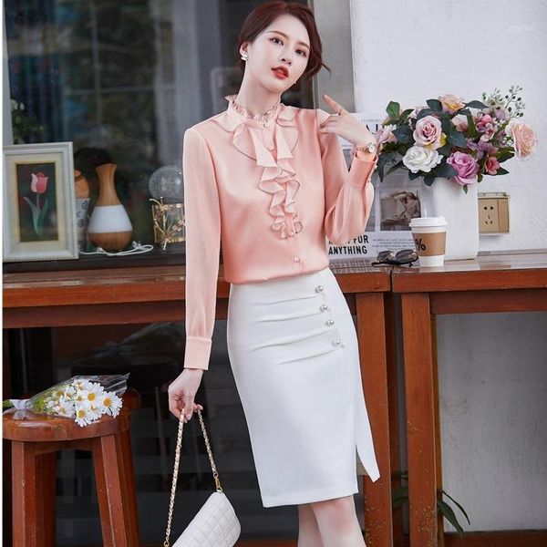 two piece dress autumn women blouse and skirt sets 2 pieces ol styles fashion casual slim shirring formal professional suits shirt over, White
two piece dress autumn women blouse and skirt sets 2 pieces ol styles fashion casual slim shirring formal professional suits shirt over, White
