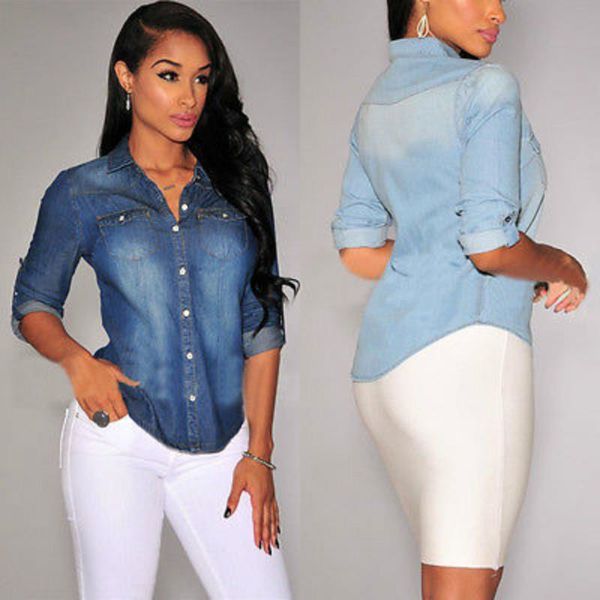 women womens blouses long sleeve denim blouse casual office button down jeans shirt spring autumn jacket coat, White
women womens blouses long sleeve denim blouse casual office button down jeans shirt spring autumn jacket coat, White