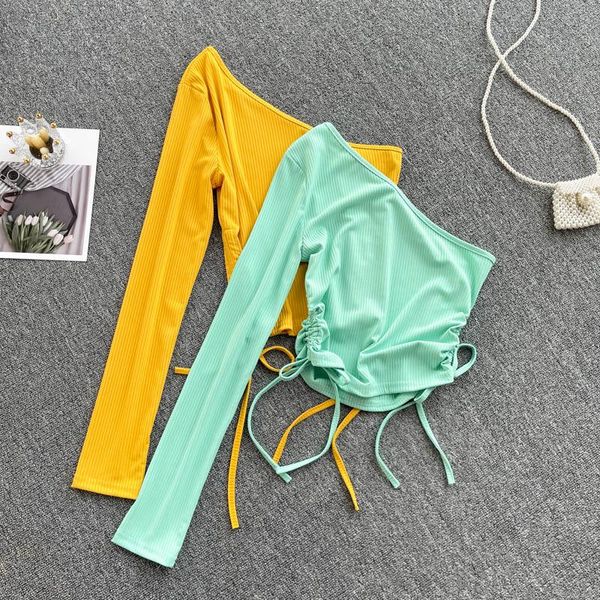 women's t-shirt spring fashion unilateral off-the-shoulder oblique collar drawstring folds slim fit short 528, White
women's t-shirt spring fashion unilateral off-the-shoulder oblique collar drawstring folds slim fit short 528, White