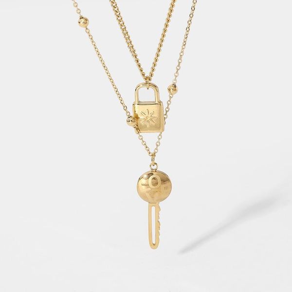 pendant necklaces 14k gold plated stainless steel double layer love key power star lock necklace for women choker jewelry, Silver
pendant necklaces 14k gold plated stainless steel double layer love key power star lock necklace for women choker jewelry, Silver