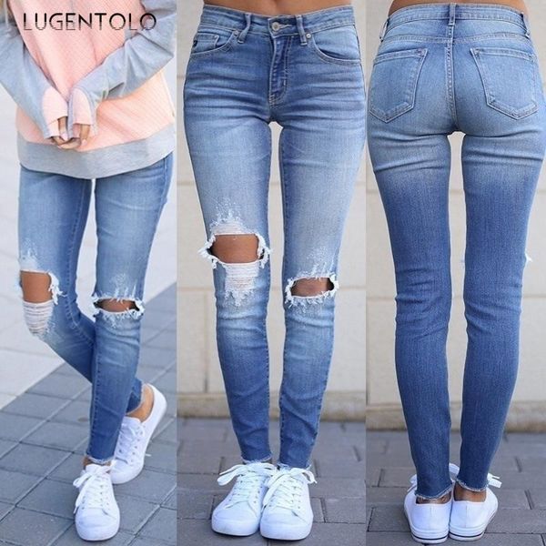 women's jeans lugentolo hole woman skinny mid waist light washed elasticity plus size solid summer fashion pencil pants, Blue 
women's jeans lugentolo hole woman skinny mid waist light washed elasticity plus size solid summer fashion pencil pants, Blue