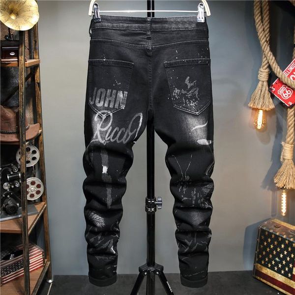 men's jeans black slim straight print fashion letters painted stretch denim pants trousers 5xax, Blue
men's jeans black slim straight print fashion letters painted stretch denim pants trousers 5xax, Blue
