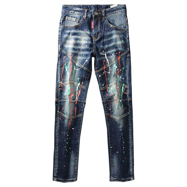 american streetwear fashion men jeans retro dark blue spliced designer biker jeans homme elastic painted hip hop pencil pants 211009
american streetwear fashion men jeans retro dark blue spliced designer biker jeans homme elastic painted hip hop pencil pants 211009