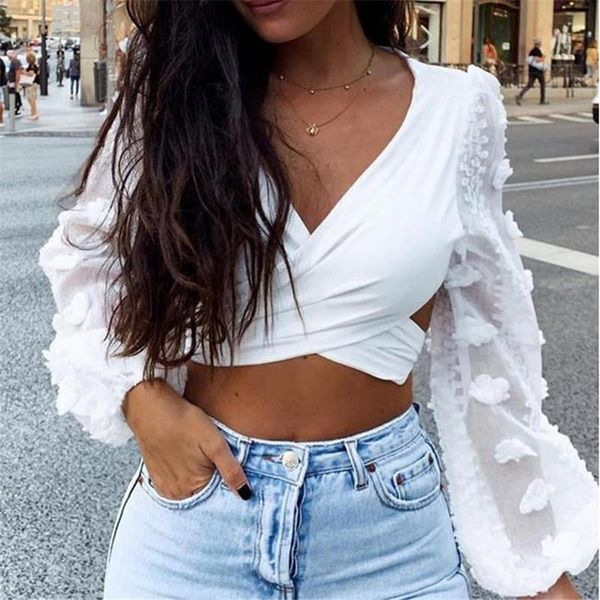 v neck cross backless flowers women blouses puff sleeve crop long wrap tight female, White
v neck cross backless flowers women blouses puff sleeve crop long wrap tight female, White