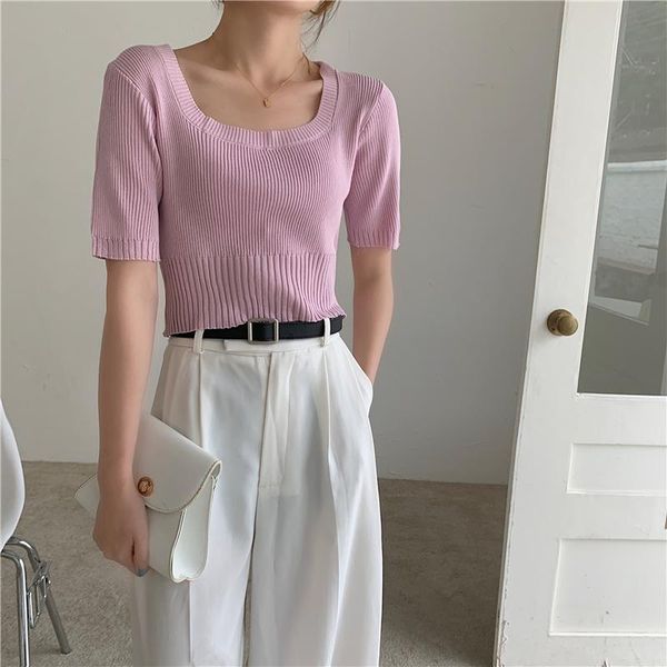 summer fashion women knitted shirt square collar short sleeve solid color t-shirt crop female women's, White
summer fashion women knitted shirt square collar short sleeve solid color t-shirt crop female women's, White