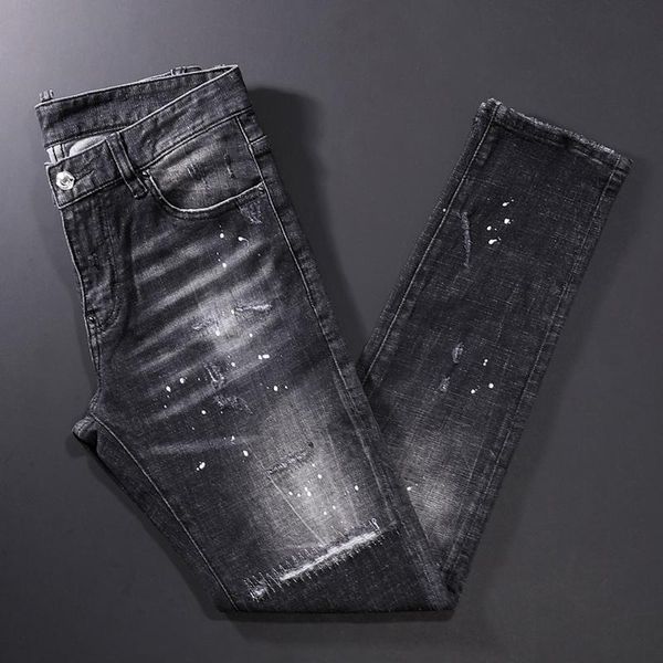 men's jeans street style fashion men retro black gray slim fit ripped patch designer hip hop denim punk pants, Blue
men's jeans street style fashion men retro black gray slim fit ripped patch designer hip hop denim punk pants, Blue
