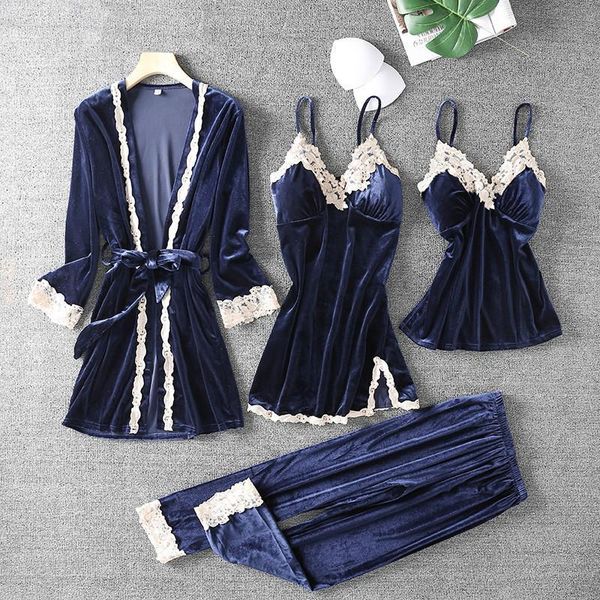 women's sleepwear autumn winter velvet pajamas set 4pcs casual soft bathrobe sleep v-neck lace nightwear long sleeve homewear, Black;red