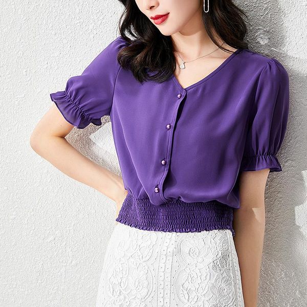 women's blouses & shirts imitation pearl button ruffles puff sleeve summer chiffon shirt v-neck loose breathable elasticity ruched hem, White
women's blouses & shirts imitation pearl button ruffles puff sleeve summer chiffon shirt v-neck loose breathable elasticity ruched hem, White