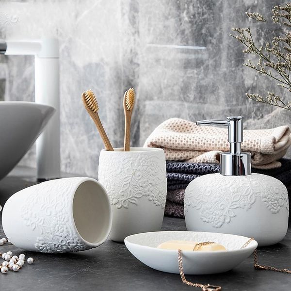 creative embossed bathroom four-piece set white ceramic supplies lotion bottle soap dish mouth cup tray vase decoration bath accessory
creative embossed bathroom four-piece set white ceramic supplies lotion bottle soap dish mouth cup tray vase decoration bath accessory