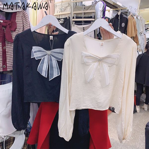 matakawa bow knot short blouse women square collar shirt women's spring blusas mujer de moda slim fit long sleeve women 210513, White 
matakawa bow knot short blouse women square collar shirt women's spring blusas mujer de moda slim fit long sleeve women 210513, White
