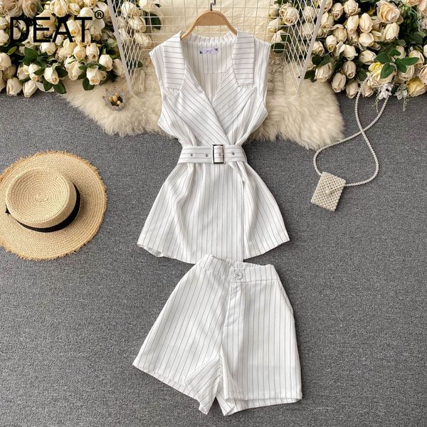 women shorts white striped notched neck sleeveless sashes two piece set fashion temperament spring summer 11d81 210525
women shorts white striped notched neck sleeveless sashes two piece set fashion temperament spring summer 11d81 210525
