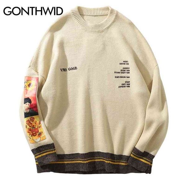 gonthwid van gogh sleeve patchwork pullover knit sweater mens hip hop embroidery crewneck knitwear sweaters streetwear 210813, White;black
gonthwid van gogh sleeve patchwork pullover knit sweater mens hip hop embroidery crewneck knitwear sweaters streetwear 210813, White;black