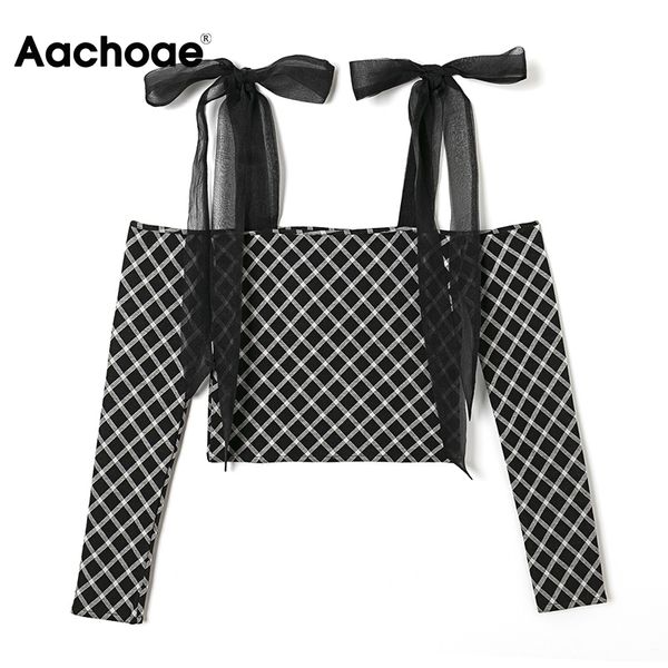 women off shoulder plaid t bow tie crop long sleeve chic knitted tunic tee shirt femme 210413, White
women off shoulder plaid t bow tie crop long sleeve chic knitted tunic tee shirt femme 210413, White