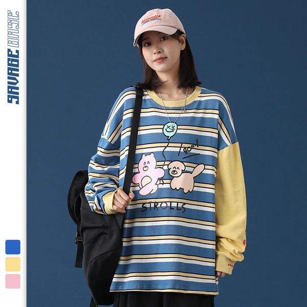 2021 new cartoon printed t-shirt for couples spring and autumn korean striped color matching long sleeve top, White
2021 new cartoon printed t-shirt for couples spring and autumn korean striped color matching long sleeve top, White