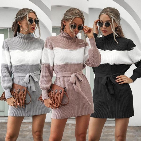 casual dresses 2021 fall winter contrast color knitted half high collar lantern sleeve block sweater dress, Black;gray
casual dresses 2021 fall winter contrast color knitted half high collar lantern sleeve block sweater dress, Black;gray