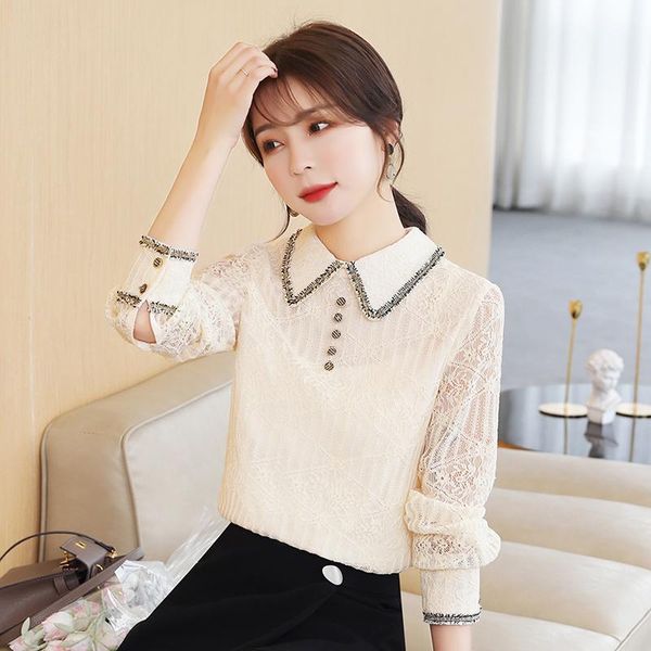 women's blouses & shirts #8324 black beige basic lace blouse women buttons casual long sleeves slim office femme hollow out, White
women's blouses & shirts #8324 black beige basic lace blouse women buttons casual long sleeves slim office femme hollow out, White