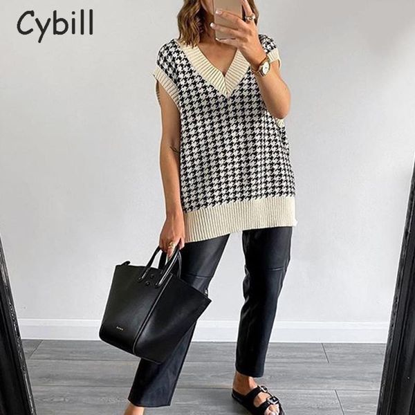 women's vests cybill 2021 houndstooth vest sweater women casual v neck sleeveless autumn loose knitted jumper oversized pullover, Black;white
women's vests cybill 2021 houndstooth vest sweater women casual v neck sleeveless autumn loose knitted jumper oversized pullover, Black;white