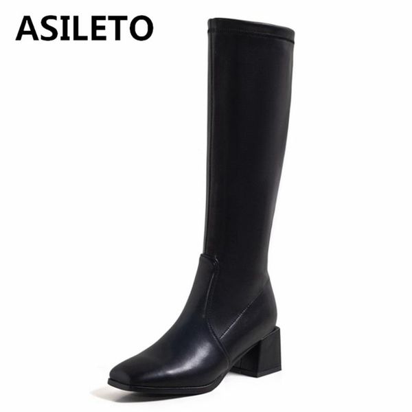 boots asileto knee women thigh high ladies spring autumn long shoes square toe zipper solid 202, Black
