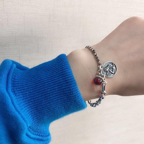 link, chain 925 sterling silver bracelet personality old embossed angel garnet retro trend female girl hand jewelry, Black
link, chain 925 sterling silver bracelet personality old embossed angel garnet retro trend female girl hand jewelry, Black