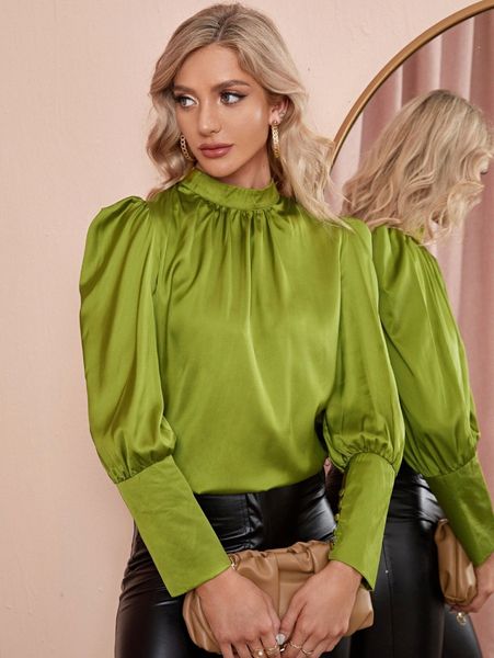 mock neck gigot sleeve satin c0ko#, White 
mock neck gigot sleeve satin c0ko#, White