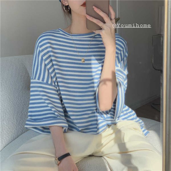 casual o neck three quarter sleeve blue striped t shirts women summer korean chic wild loose short sleeve & tees fashion 210610, White
casual o neck three quarter sleeve blue striped t shirts women summer korean chic wild loose short sleeve & tees fashion 210610, White