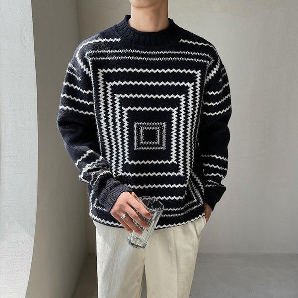 men's sweaters back half high neck pullover sweater black white line striped print knitted for men pull homme winter brand, White;black
men's sweaters back half high neck pullover sweater black white line striped print knitted for men pull homme winter brand, White;black