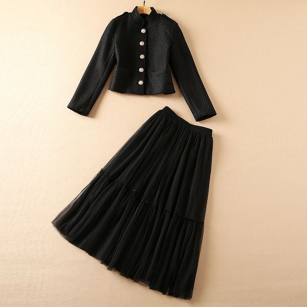 2021 fall autumn long sleeve stand collar black / grey solid color single-breasted coat + elastic waist tulle mid-calf skirt two piece suits, White
2021 fall autumn long sleeve stand collar black / grey solid color single-breasted coat + elastic waist tulle mid-calf skirt two piece suits, White