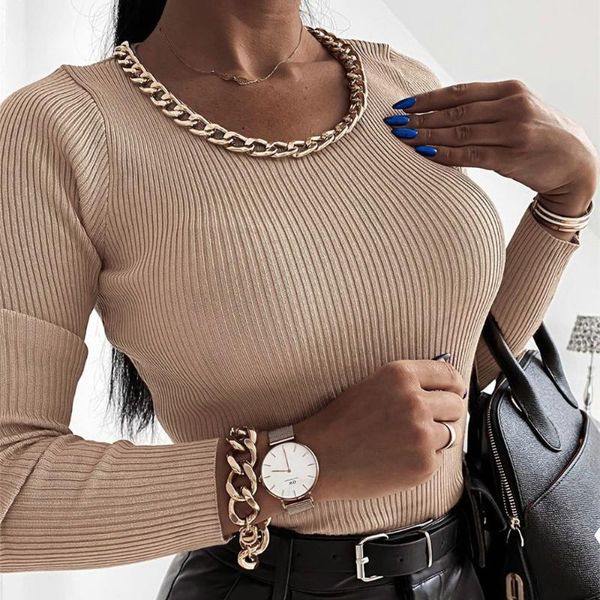 women fall slim casual knitted shirt long sleeve chain round neckline solid color stretch basic t-shirt for daily wild women's, White
women fall slim casual knitted shirt long sleeve chain round neckline solid color stretch basic t-shirt for daily wild women's, White