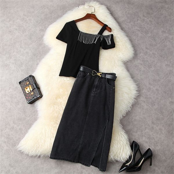 two piece dress summer 2 piece of women's clothing designer fashion a beading shoulder and split denim skirt casual outfits suit oymr, White
two piece dress summer 2 piece of women's clothing designer fashion a beading shoulder and split denim skirt casual outfits suit oymr, White