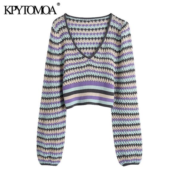 women fashion color striped cropped knitted sweater vintage v neck lantern sleeve female pullovers chic 210416, White;black
women fashion color striped cropped knitted sweater vintage v neck lantern sleeve female pullovers chic 210416, White;black