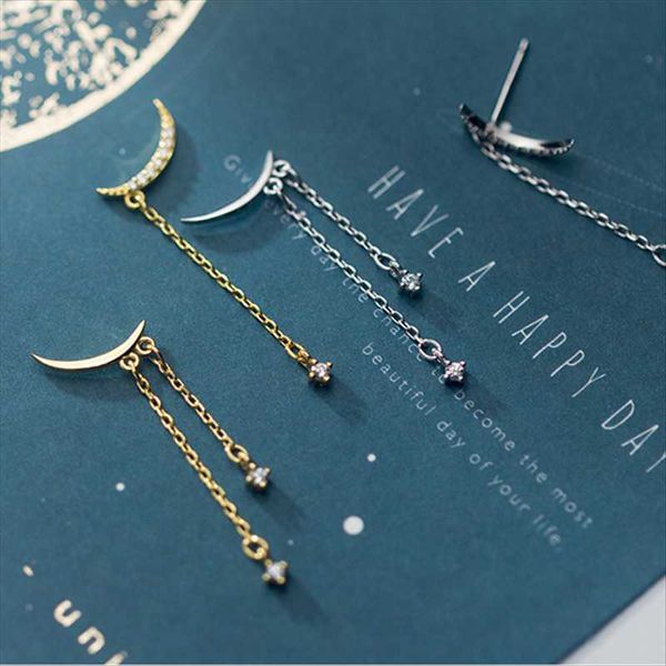 jazaz korean 925 sterling silver round zircon chain tassel crescent moon drop earrings for fashion women daily wear dangle & chandelier