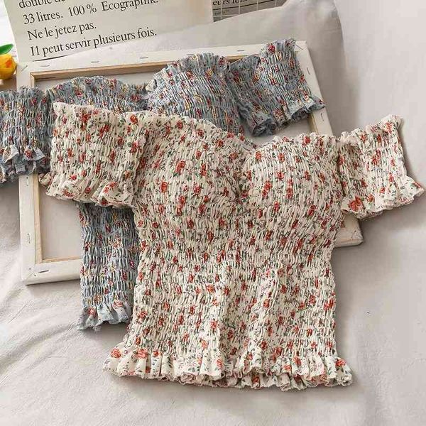 women's tracksuits retro floral small fresh fungus folds word shoulder shirt female tight-fitting thin short summer belt chest pad, Gray
women's tracksuits retro floral small fresh fungus folds word shoulder shirt female tight-fitting thin short summer belt chest pad, Gray