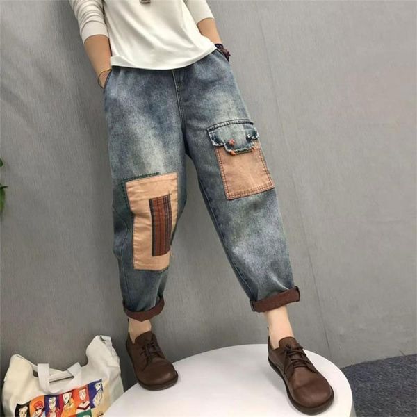spring arts style women elastic waist patchwork loose jeans all-matched casual cotton denim harem pants big size v292 210512, Blue
spring arts style women elastic waist patchwork loose jeans all-matched casual cotton denim harem pants big size v292 210512, Blue