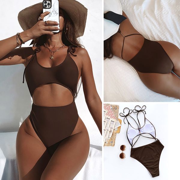 one piece swimsuit brown bandage cut out monokini high waisted bathing suit string summer swimming beachwear female biquini, White;black 
one piece swimsuit brown bandage cut out monokini high waisted bathing suit string summer swimming beachwear female biquini, White;black