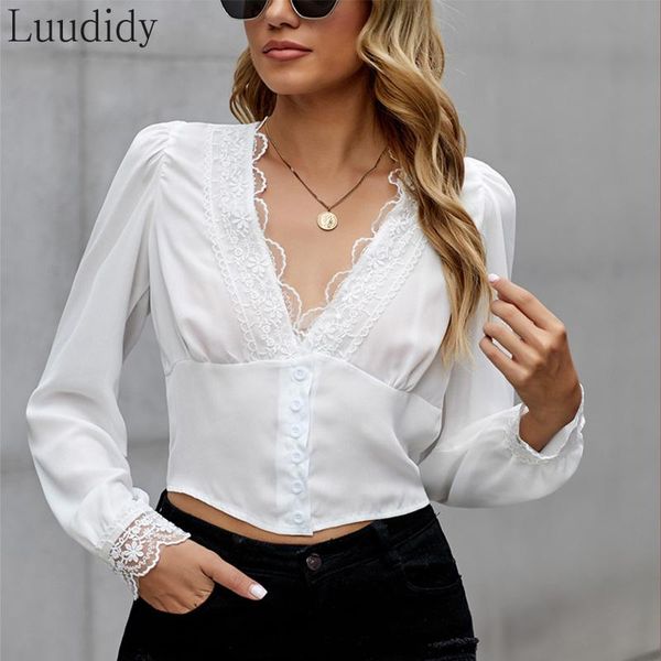 women lace trim long sleeve button design shirts blouse women's blouses &, White
women lace trim long sleeve button design shirts blouse women's blouses &, White