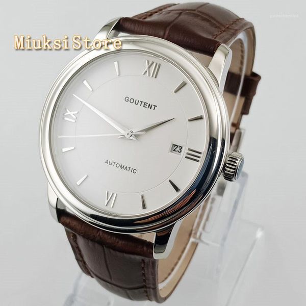 40mm goutent white dial gold hands sapphire glass date automatic fashion simple men's mechanical watch 2835 wristwatches, Slivery;brown
40mm goutent white dial gold hands sapphire glass date automatic fashion simple men's mechanical watch 2835 wristwatches, Slivery;brown