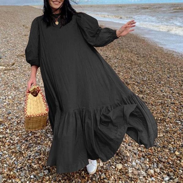 casual dresses women solid dress vonda bohemian vestido o neck puff sleeve pleated long maxi oversized fashion ruffled hem robe, Black;gray
casual dresses women solid dress vonda bohemian vestido o neck puff sleeve pleated long maxi oversized fashion ruffled hem robe, Black;gray