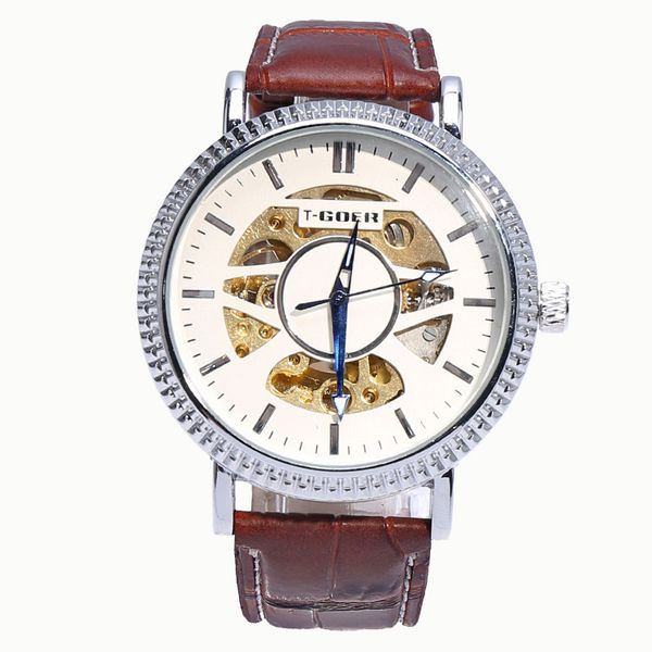 t-goer automatic men's belt leisure hollow mechanical watch stainless steel buckle, Slivery;brown
t-goer automatic men's belt leisure hollow mechanical watch stainless steel buckle, Slivery;brown