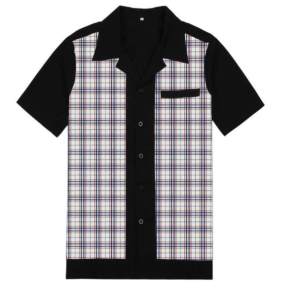 men's casual shirts brand patchwork plaid blouse short sleeve button down camiseta retro hombre bowling dress male, White;black
men's casual shirts brand patchwork plaid blouse short sleeve button down camiseta retro hombre bowling dress male, White;black