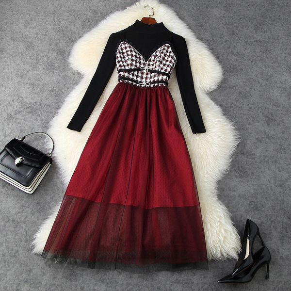 dresses european and american women's wear winter style long-sleeved sweater condole belt tweed patchwork gauze dress k9nl, Black;gray 
dresses european and american women's wear winter style long-sleeved sweater condole belt tweed patchwork gauze dress k9nl, Black;gray