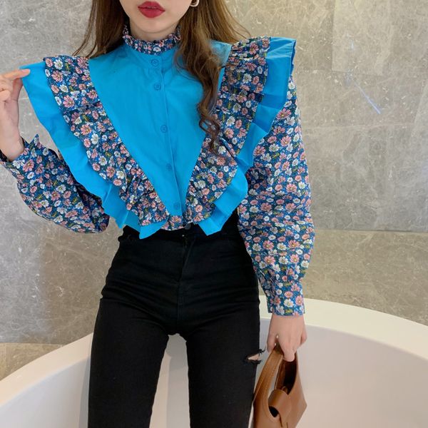 blouses female vintage color block patchwork ruffled cotton blouse stand collar single-breasted long sleeved floral sweet top, White
blouses female vintage color block patchwork ruffled cotton blouse stand collar single-breasted long sleeved floral sweet top, White