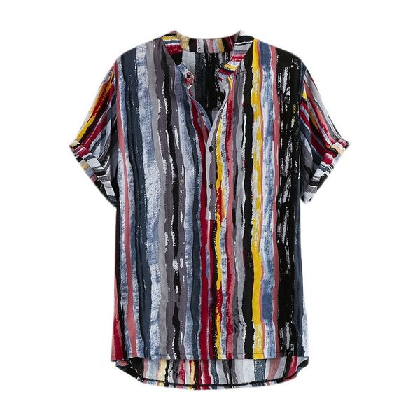 2019 men's stand collar cotton linen printed short sleeve shirt top, White;black
2019 men's stand collar cotton linen printed short sleeve shirt top, White;black