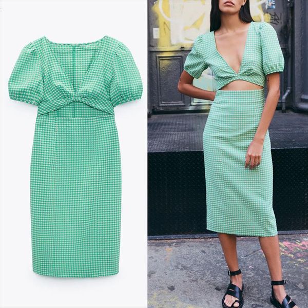 za cut out plaid women dress green puff sleeve summer long dresses chic back split woman vintage beach, Black;gray
za cut out plaid women dress green puff sleeve summer long dresses chic back split woman vintage beach, Black;gray