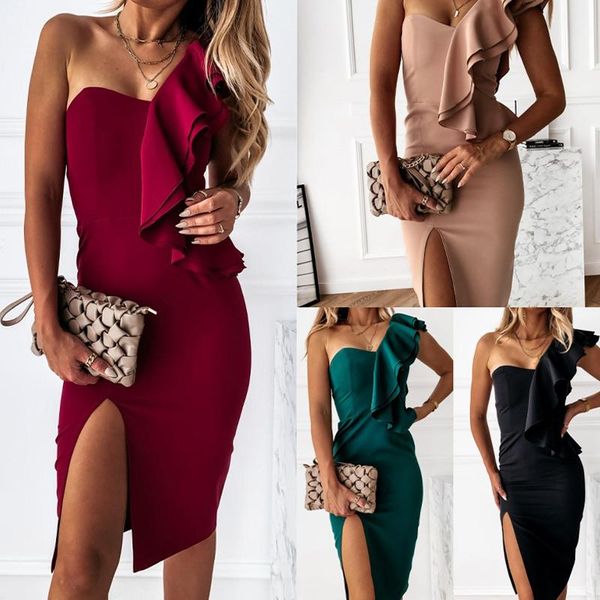 casual dresses 2021 one-shoulder side slit ruffle dress summer solid color tight-fitting party fashion elegant, Black;gray
casual dresses 2021 one-shoulder side slit ruffle dress summer solid color tight-fitting party fashion elegant, Black;gray