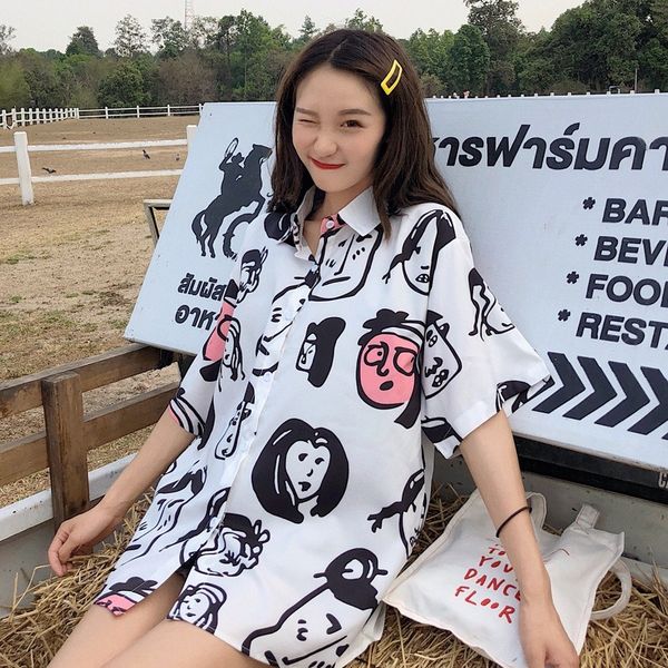 2020 korean style blusas mujer de moda cartoon face print turn-down collar shirts button loose blouse women x0521, White
2020 korean style blusas mujer de moda cartoon face print turn-down collar shirts button loose blouse women x0521, White