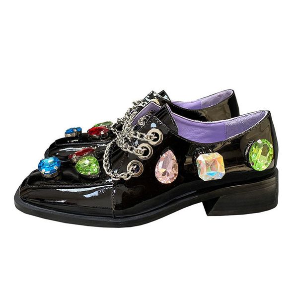 sandals low heel square toe metal chain single shoes women patent leather feather gemstone decor leisure british style loafers fkz, Black
sandals low heel square toe metal chain single shoes women patent leather feather gemstone decor leisure british style loafers fkz, Black